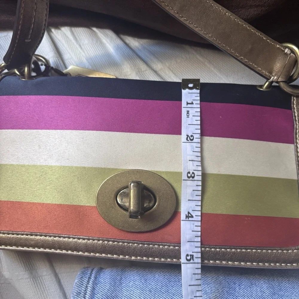 Vtg Coach Multicolor Stripped Satin Bronze Limited Edition Turnlock Handbag
